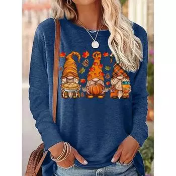 Футболки с длинными рукавами и забавным принтом для женщин, модный повседневный пуловер, осенние гномы, осенние повседневные топы в стиле Харадзюку с тыквой и принтом на День благодарения 5XL