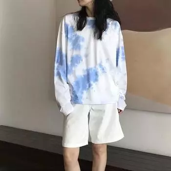 Футболки с длинными рукавами Ins Chic Tie-Dye Harajuku, милые повседневные универсальные новые футболки для подростков, свободные модные футболки в стиле ретро для девочек в консервативном стиле S синий