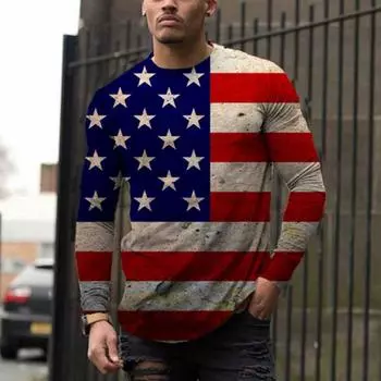 Футболки с флагами в уличном стиле, спортивная одежда, весна-осень, круглый вырез, длинный рукав, мужская футболка больших размеров с винтажным 3D-принтом S