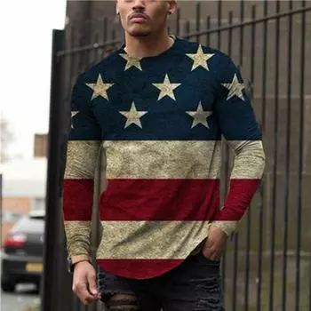 Футболки с флагом в уличном стиле, весна-осень, круглый вырез, длинный рукав, мужская спортивная одежда больших размеров, футболка больших размеров с винтажным принтом 3D S