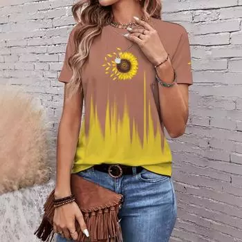 Футболки с градиентным 3D-принтом, женские летние, новые, с круглым вырезом и короткими рукавами, из дышащей легкой ткани для повседневных спортивных футболок S