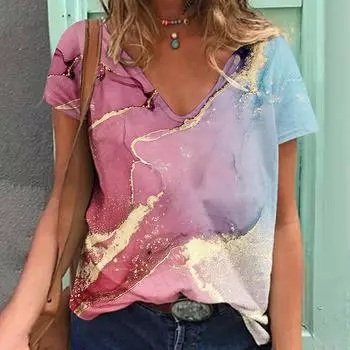 Футболки с градиентом капли воды и 3D принтом, женская футболка с v-образным вырезом, топ с короткими рукавами Y2k, уличная одежда в стиле Харадзюку, футболка большого размера, одежда для девочек S