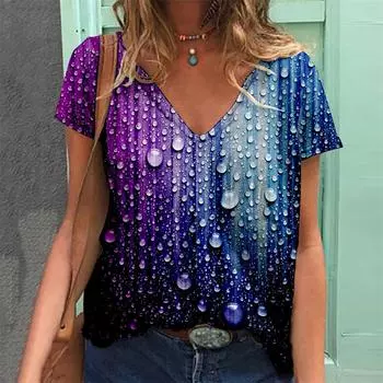 Футболки с градиентом капли воды и 3D принтом, женская футболка с v-образным вырезом, топ с короткими рукавами Y2k, уличная одежда в стиле Харадзюку, футболка большого размера, одежда для девочек S