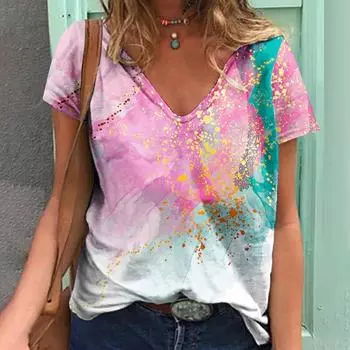 Футболки с градиентом капли воды и 3D принтом, женская футболка с v-образным вырезом, топ с короткими рукавами Y2k, уличная одежда в стиле Харадзюку, футболка большого размера, одежда для девочек S