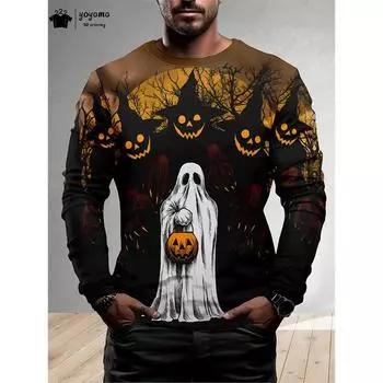 Футболки с графическим принтом на Хэллоуин, мужская винтажная одежда, мужская футболка с круглым вырезом и длинным рукавом, мужские футболки с принтом призраков для мужчин, одежда S