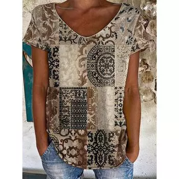 Футболки с индийским слоном, женская уличная футболка с этническим геометрическим рисунком и 3D принтом, футболка с v-образным вырезом, Harajuku Y2k, футболки большого размера, одежда S