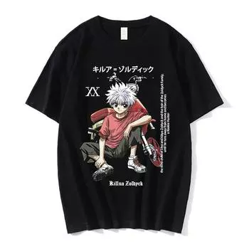 Футболки с изображением аниме Hunter X Hunter Killua Zoldyck, футболка с изображением манги, футболка с круглым вырезом, футболка большого размера, одежда для мужчин и женщин, модная футболка, топы Kawaii S чёрный