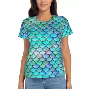Футболки с изображением чешуи русалки, бирюзовый, синий, с анималистичным принтом, с круглым вырезом, в уличном стиле, свободная футболка, женская, Y2K, милая футболка, летние футболки S