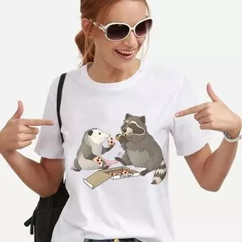 Футболки с изображением енота-опоссума, поедающего пиццу, летние повседневные топы в стиле панк, женская футболка с круглым вырезом, одежда в стиле хип-хоп, уличная одежда 2000-х годов S