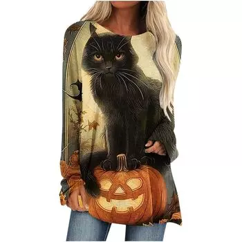Футболки с изображением кота и тыквы на Хэллоуин, симпатичные женские футболки с 3D-принтом и привидениями, футболки с длинными рукавами, уличная одежда, свободные футболки, туники, топы, женская одежда S