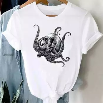 Футболки с изображением осьминога и сахарного черепа для женщин, футболка с графическим принтом для женщин, футболка большого размера, эстетичные летние футболки в стиле Харадзюку S чёрный