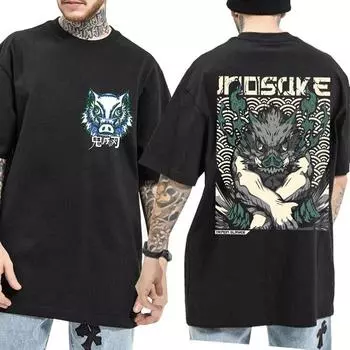 Футболки с изображением убийцы демонов, футболка унисекс, летняя унисекс с коротким рукавом, женская футболка Harajuku, хлопковые футболки с аниме Hashibira Inosuke XXL чёрный