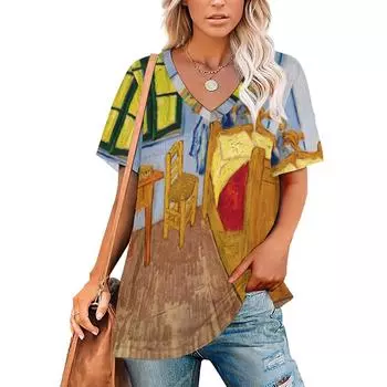 Футболки с изображением Ван Гога, картина маслом, 3D принт, женская футболка с коротким рукавом, уличная одежда с v-образным вырезом, большие женские футболки в стиле Харадзюку, верхняя одежда S