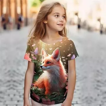 Футболки с изображением животных и лисы для девочек, детская подарочная футболка с коротким рукавом, повседневная футболка, детская одежда, футболка для девочек 110