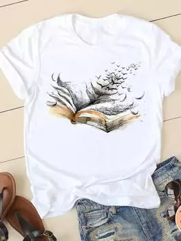 Футболки с книгой, винтажная милая повседневная женская одежда 90-х годов, женская одежда с принтом, одежда с короткими рукавами, модная летняя футболка, женская футболка с рисунком S белый