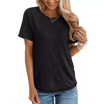 Футболки с коротким рукавом с круглым вырезом для женщин, модные легкие мягкие повседневные летние топы L чёрный
