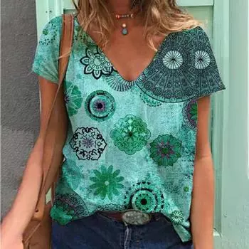 Футболки с короткими рукавами и V-образным вырезом в стиле ретро с 3D-цифровым принтом, летние свободные модные футболки, женская одежда S