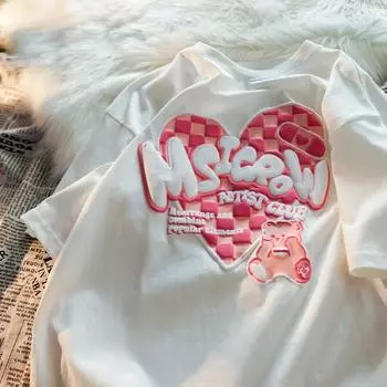 Футболки с короткими рукавами, женские футболки с вышивкой в виде галстука-краски, свободные размеры в стиле хип-хоп, свободные корейские стили, универсальные студенческие простые шикарные футболки с круглым вырезом M розовый