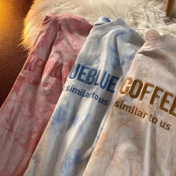 Футболки с короткими рукавами, женские футболки с вышивкой в виде галстука-краски, свободные размеры в стиле хип-хоп, свободные корейские стили, универсальные студенческие простые шикарные футболки с круглым вырезом 2XL синий