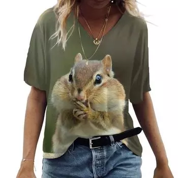 Футболки с кроликом, белкой, кошкой, животными, 3D принтом, женская уличная футболка с v-образным вырезом, топы Y2k, футболки большого размера в стиле Харадзюку, женская одежда S