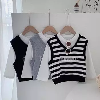 Футболки с круглым вырезом и буквенным принтом для детей, маленьких девочек, поддельные две штуки 130