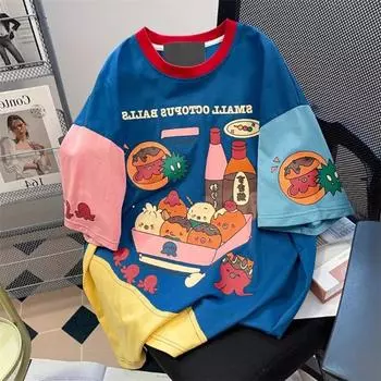 Футболки с круглым вырезом и милым мультяшным принтом Y2k E-Girl, лоскутная футболка с короткими рукавами, новинка 2024 года, летние свободные топы для женщин S синий