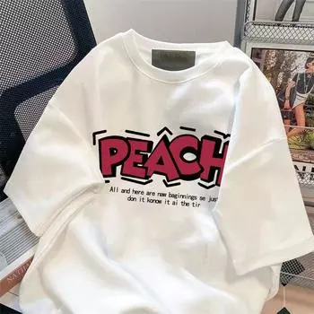Футболки с круглым вырезом в стиле ретро с персиковым принтом для мужчин и женщин. Чистый хлопок. Чувство дизайна. Летняя модная тенденция. Удобный топ с короткими рукавами для пар. Harajuku. S белый