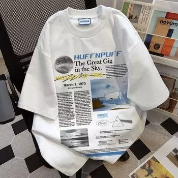 Футболки с круглым вырезом в винтажном стиле с принтом монограммы для мужчин и женщин. Летняя модная тенденция. Повседневный удобный топ из чистого хлопка для пары с короткими рукавами Harajuku. M белый