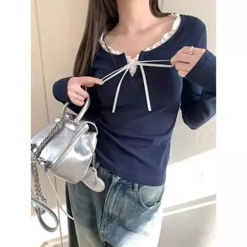 Футболки с круглым вырезом, женские, с бантом, простой лоскутный дизайн, универсальная осенняя одежда для студентов, молодежная мягкая корейская одежда, шикарная повседневная мода S темно-синий