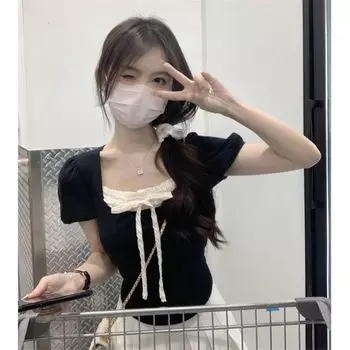 Футболки с квадратными воротниками для девочек Y2K, черно-белые, с коротким рукавом, с кисточками, женские футболки, сексуальные женские топы для вечеринок, модные женские футболки S