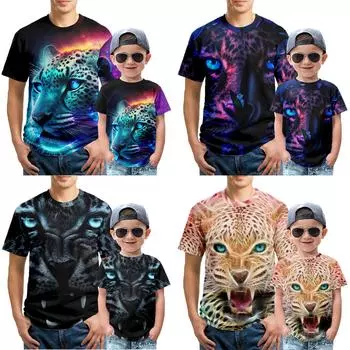 Футболки с леопардовым принтом, семейные рубашки для родителей и детей для мужчин и детей, повседневный стильный мужской костюм для подростков 70 чёрный