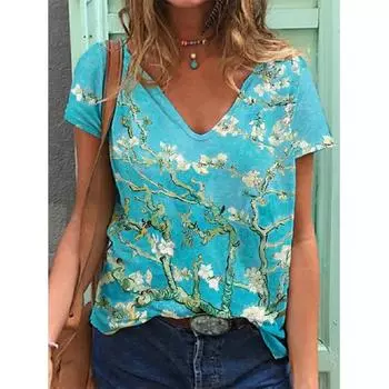 Футболки с масляной живописью Ван Гога, женские футболки с 3D принтом подсолнуха, уличная одежда большого размера, футболка с v-образным вырезом, топы Harajuku Y2k, женские футболки, одежда S