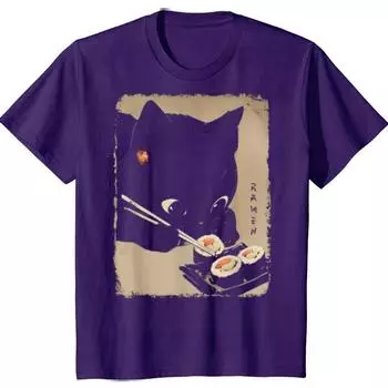 Футболки с милым рисунком «Кошка ест суши» в японском стиле, милые, с рисунком из аниме, для мужчин, модная повседневная футболка, 100% хлопок, свободные, большие футболки, женские S белый