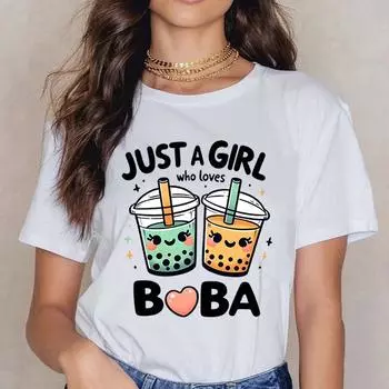 Футболки с надписью Just A Girl Who Loves Boba Letter Printed, женские повседневные летние топы с коротким рукавом S чёрный