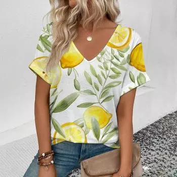 Футболки с персонализированным принтом фруктов, летние новые женские свободные футболки с короткими рукавами и V-образным вырезом больших размеров для повседневного ношения XXS