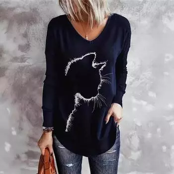 Футболки с принтом Animal Cat черного цвета 3D, футболки больших размеров для женщин с V-образным вырезом и длинным рукавом S