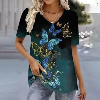 Футболки с принтом бабочки 3D, летние женские футболки с V-образным вырезом, модные женские рубашки и блузки 2025 года, футболки, женская одежда больших размеров S