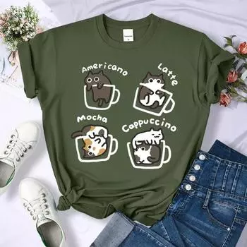 Футболки с принтом Cat Coffee Art Letter, женские дышащие футболки с круглым вырезом, свободные, с коротким рукавом, мягкая уличная повседневная одежда, женские футболки, женские S фиолетовый