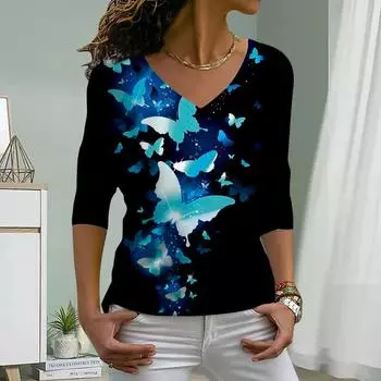 Футболки с принтом «Голая бабочка» для женщин, женские топы, длинные рукава, V-образный вырез, пуловер, женские футболки, футболка для женщин XS синий