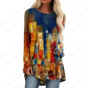 Футболки с принтом граффити 3D, женская мода, футболка с длинным рукавом, цветные принты, топы, футболки, повседневные длинные топы, женская одежда, пэчворк S