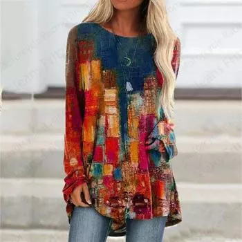 Футболки с принтом граффити 3D, женская мода, футболка с длинным рукавом, цветные принты, топы, футболки, повседневные длинные топы, женская одежда, пэчворк S
