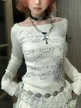 Футболки с принтом гранж Y2k Aesthetic, женские, корейские, хлопковые, облегающие, универсальные, женские, модные, кружевные, с длинными рукавами, укороченные топы S бежевый