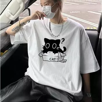 Футболки с принтом кота в стиле Харадзюку, мужская одежда с коротким рукавом, свободные размеры, хлопковые летние унисекс-топы Y2k, модные брендовые мужские футболки S