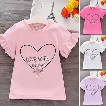 Футболки с принтом «Любовное сердце» и буквенным принтом, топы для фитнеса с короткими рукавами и оборками для девочек M розы красного