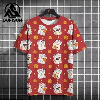 Футболки с принтом Lucky Cat 3D для мужчин, футболки с коротким рукавом, свободная футболка Harajuku, мужская спортивная одежда, новая модная уличная одежда S
