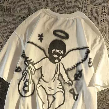 Футболки с принтом «Маленький ангелочек и буквы» в американском стиле в стиле ретро, мужские и женские летние модные тренды, повседневная уличная одежда, топ с короткими рукавами для пар, Harajuku S белый