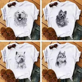Футболки с принтом «Милые собаки» для женщин, белая женская одежда с коротким рукавом, топ Harajuku Y2K, летняя футболка с рисунком, футболка большого размера M