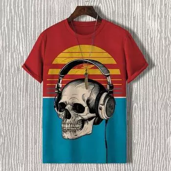 Футболки с принтом «музыкальный череп» 3D для мужчин, летняя мода, футболки с коротким рукавом, футболки больших размеров, мужская одежда, винтажная уличная одежда S