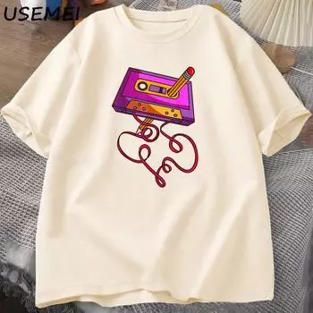 Футболки с принтом на кассете 80-х и карандашом, 1980-е годы, винтажная музыкальная футболка в стиле ретро, мужская одежда, футболки большого размера S бежевый