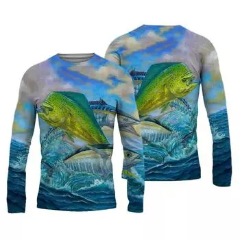 Футболки с принтом «Рыбалка» 3D, мужские и женские, повседневные, с круглым вырезом, с длинным рукавом, уличная одежда, свитера в стиле Харадзюку, футболки, топы, детская одежда S